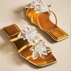 Jeffrey Campbell square toe Crystalize Gold Metallic Clear Flower Sandals